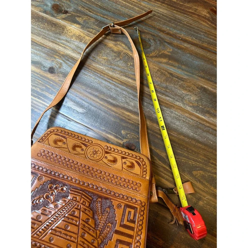 Vintage Hand Tooled Mexican Leather Crossbody Bag Aztec Calendar Mayan Pyramid - Picture 14 of 17